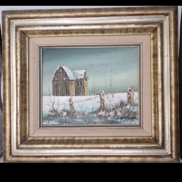 Vintage barnscape oil painting by Everett Woodson - Picture 2 of 9